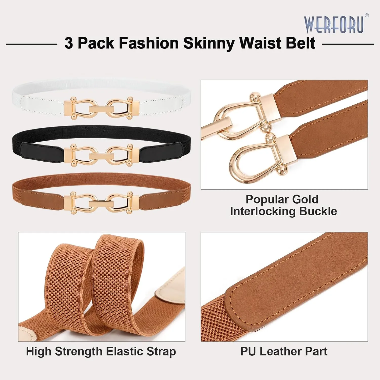WERFORU 3 Pack Women Skinny Elastic Waist Belt Gold Buckle Stretchy Thin Belt for Jeans Dress