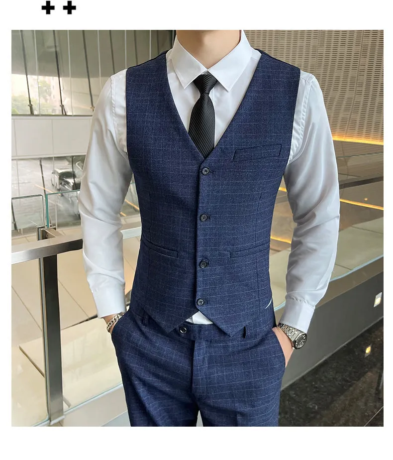 West Louis Business Casual Plaid High-End 3 Piece England Suit