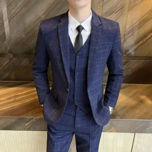 West Louis Business Casual Plaid High-End 3 Piece England Suit
