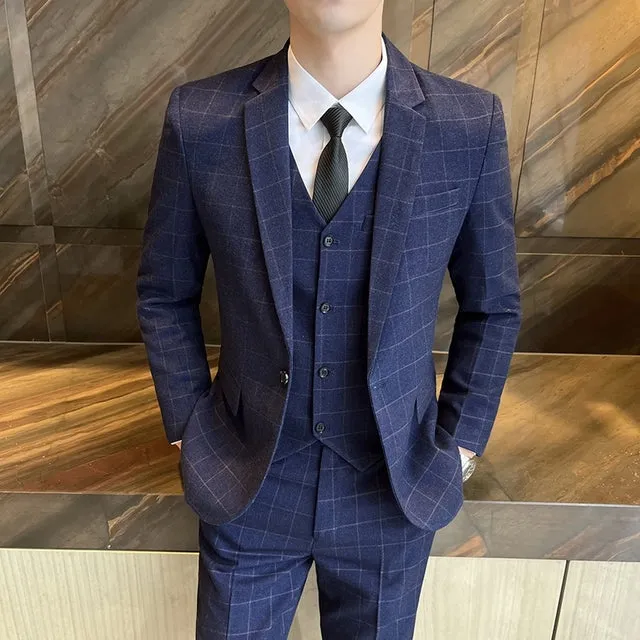West Louis Business Casual Plaid High-End 3 Piece England Suit
