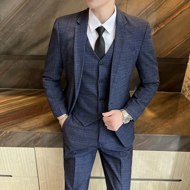 West Louis Business Casual Plaid High-End 3 Piece England Suit