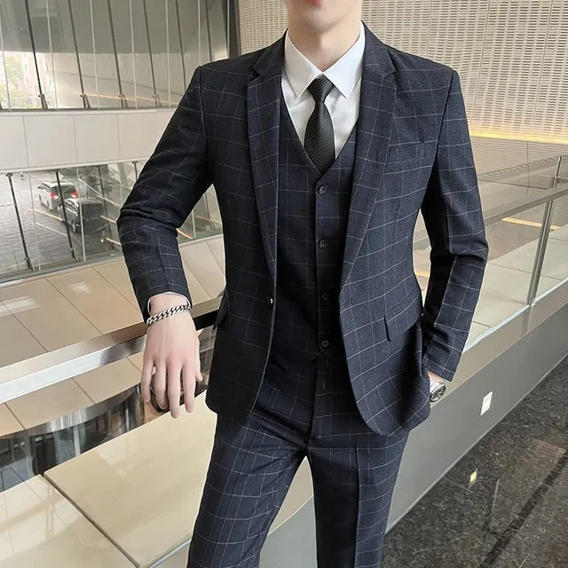 West Louis Business Casual Plaid High-End 3 Piece England Suit