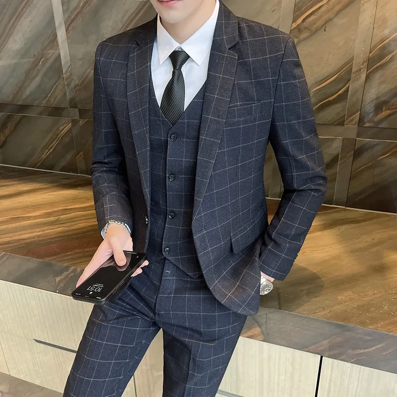West Louis Business Casual Plaid High-End 3 Piece England Suit