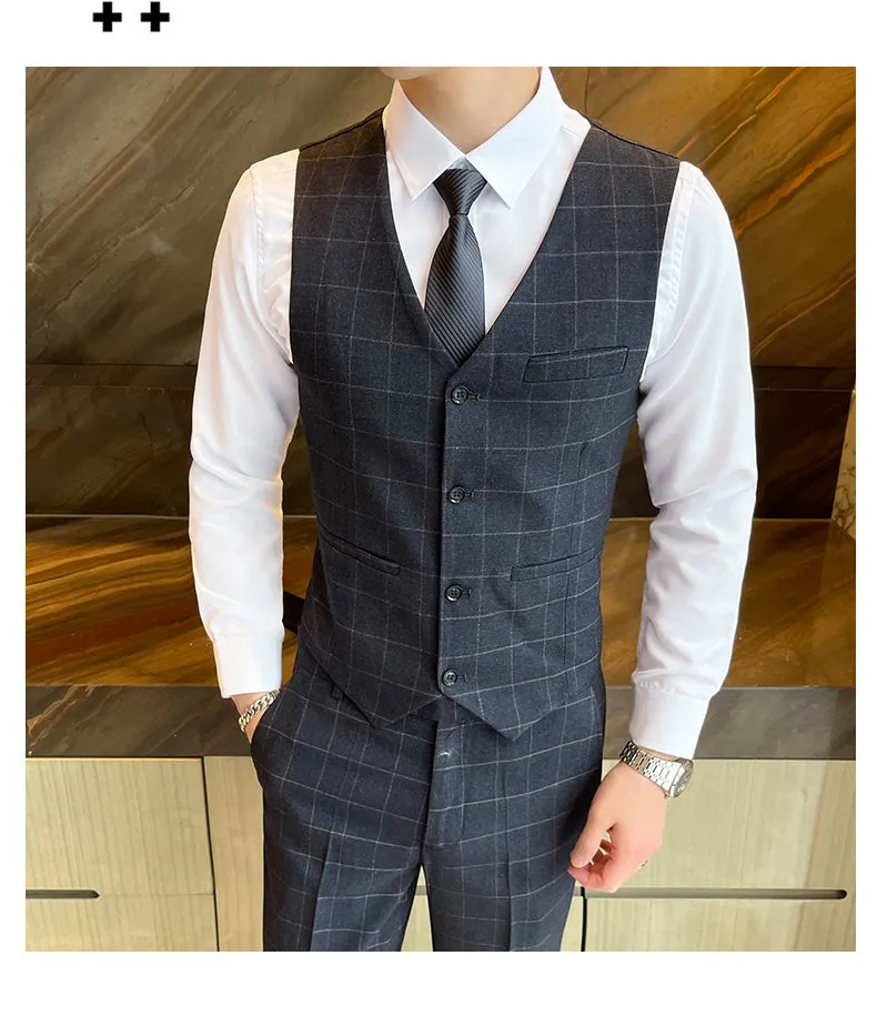 West Louis Business Casual Plaid High-End 3 Piece England Suit