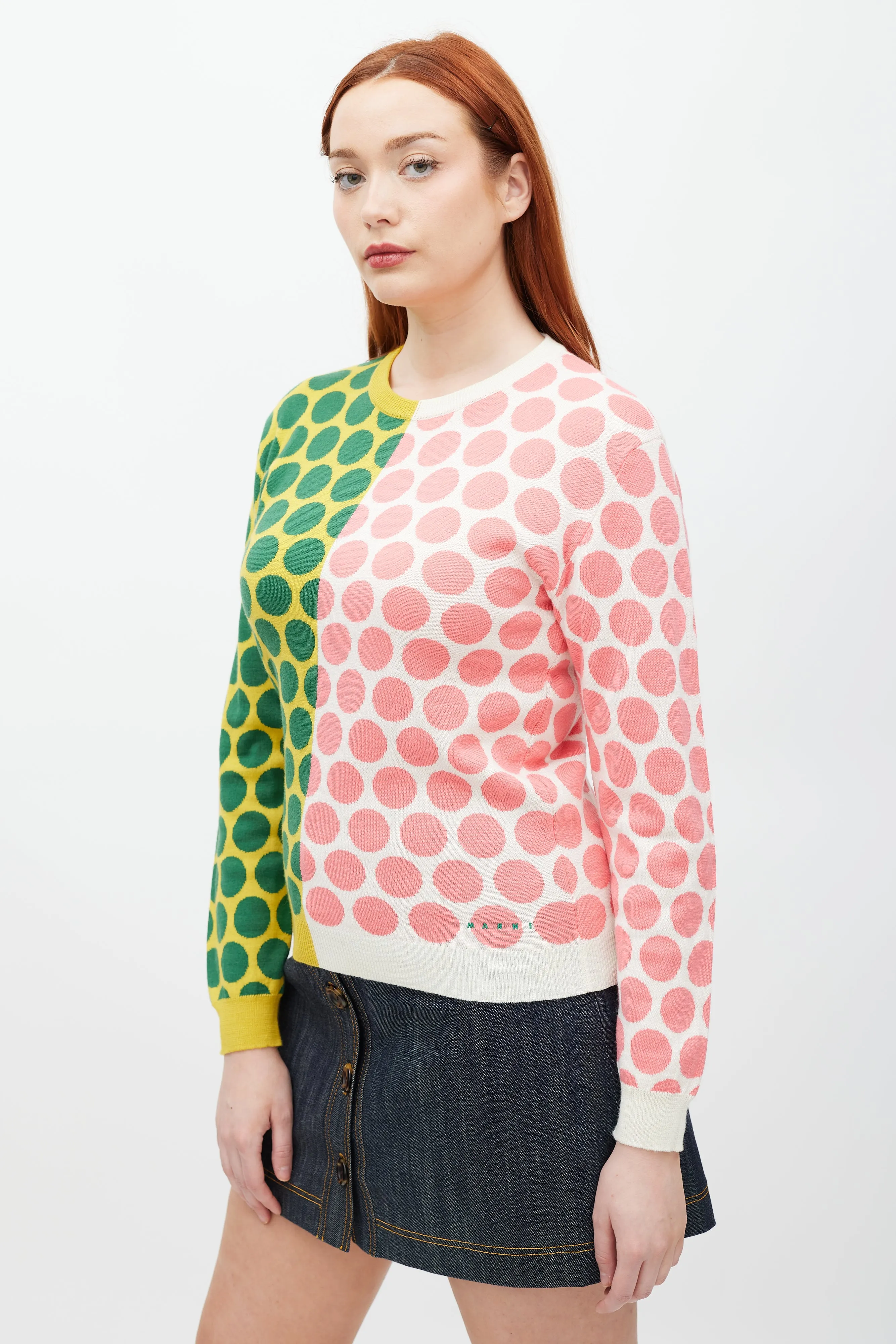 White & Multicolour Polka Dot Wool Knit Sweater