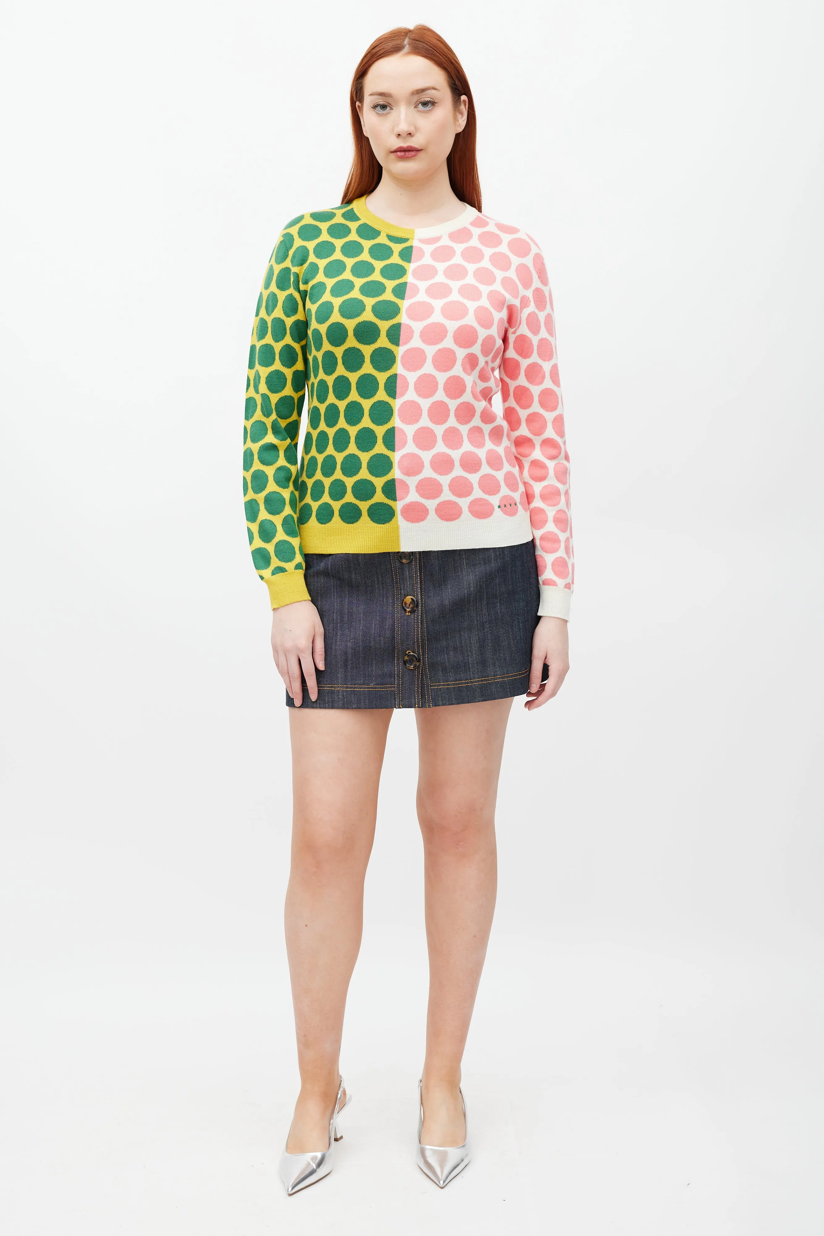 White & Multicolour Polka Dot Wool Knit Sweater