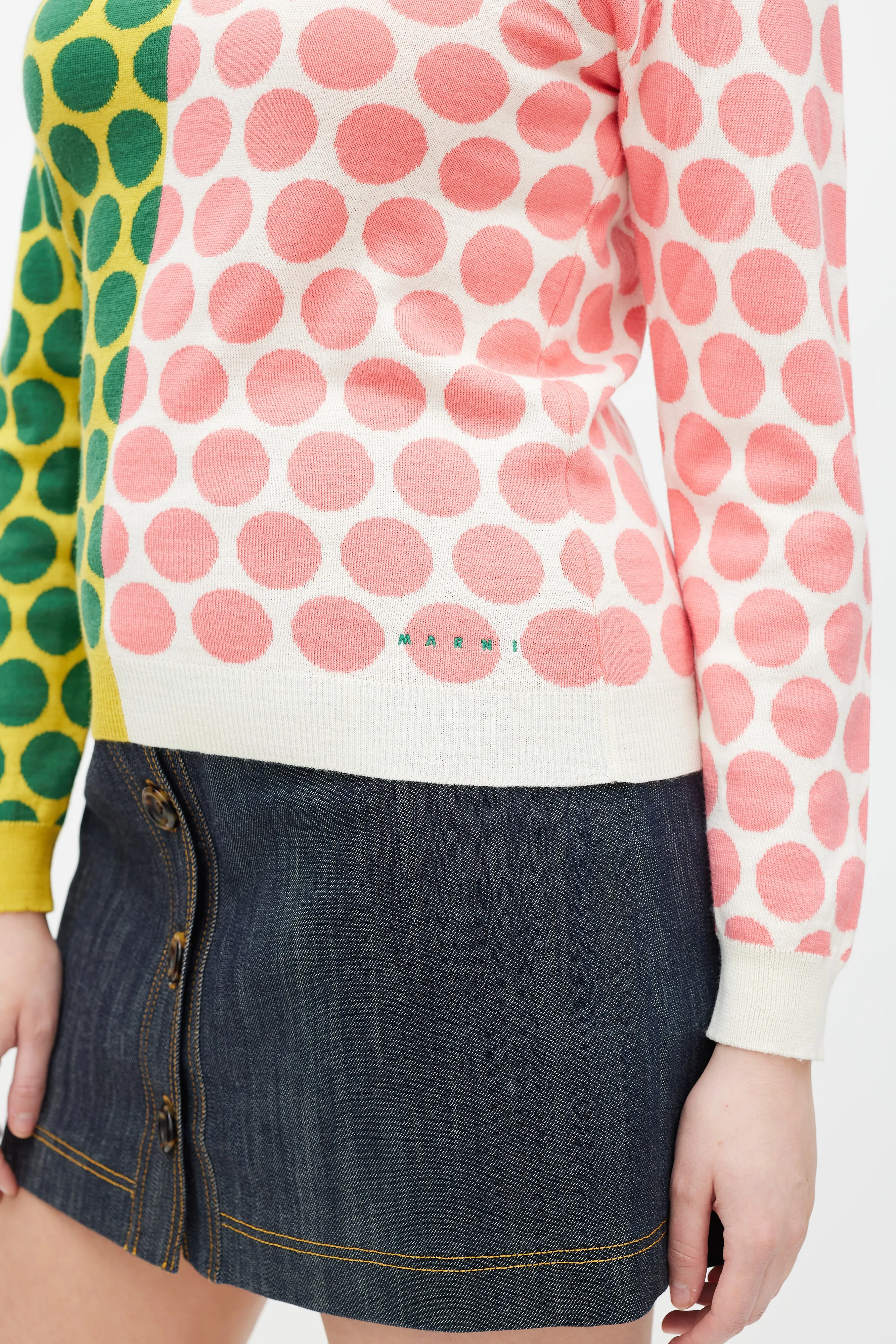 White & Multicolour Polka Dot Wool Knit Sweater