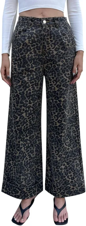 Wide Leg Jeans Woman Trendy Mid Rise Leopard Print Baggy Jean for Women Cuffed Denim Pants with Pockets Y2k Clothes