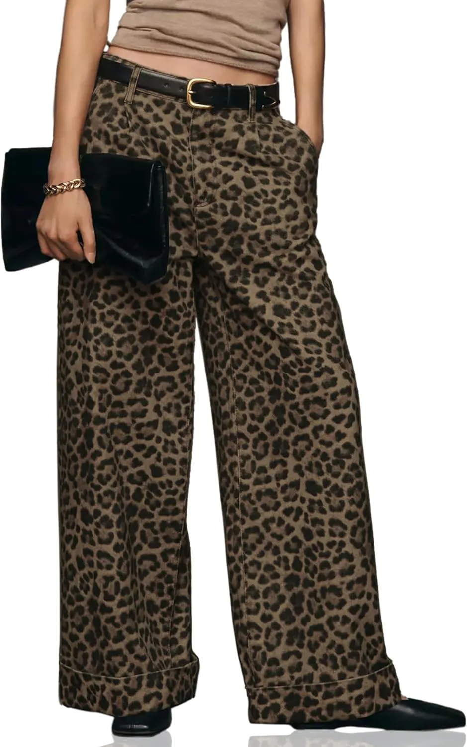 Wide Leg Jeans Woman Trendy Mid Rise Leopard Print Baggy Jean for Women Cuffed Denim Pants with Pockets Y2k Clothes
