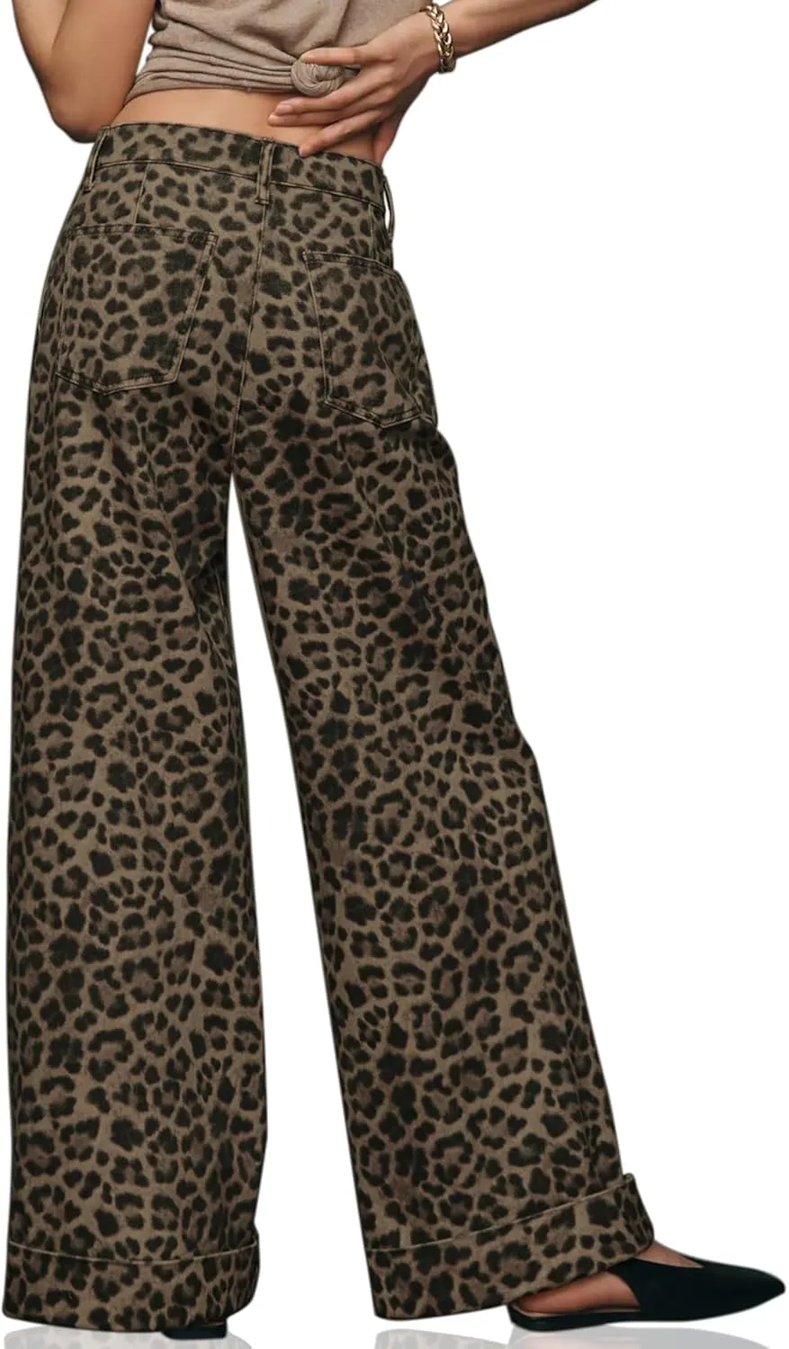 Wide Leg Jeans Woman Trendy Mid Rise Leopard Print Baggy Jean for Women Cuffed Denim Pants with Pockets Y2k Clothes