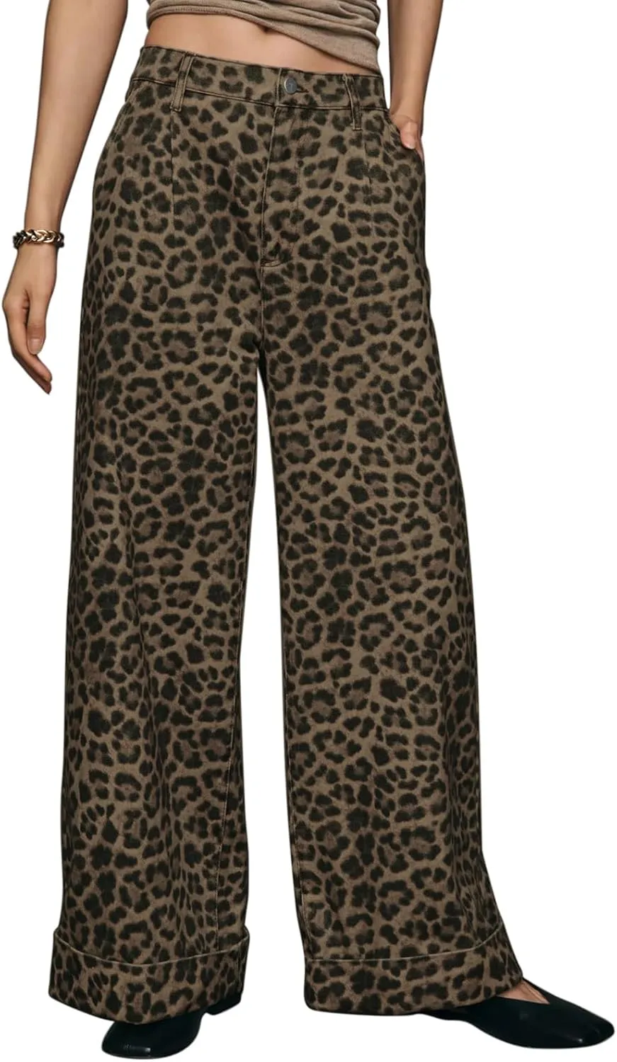Wide Leg Jeans Woman Trendy Mid Rise Leopard Print Baggy Jean for Women Cuffed Denim Pants with Pockets Y2k Clothes