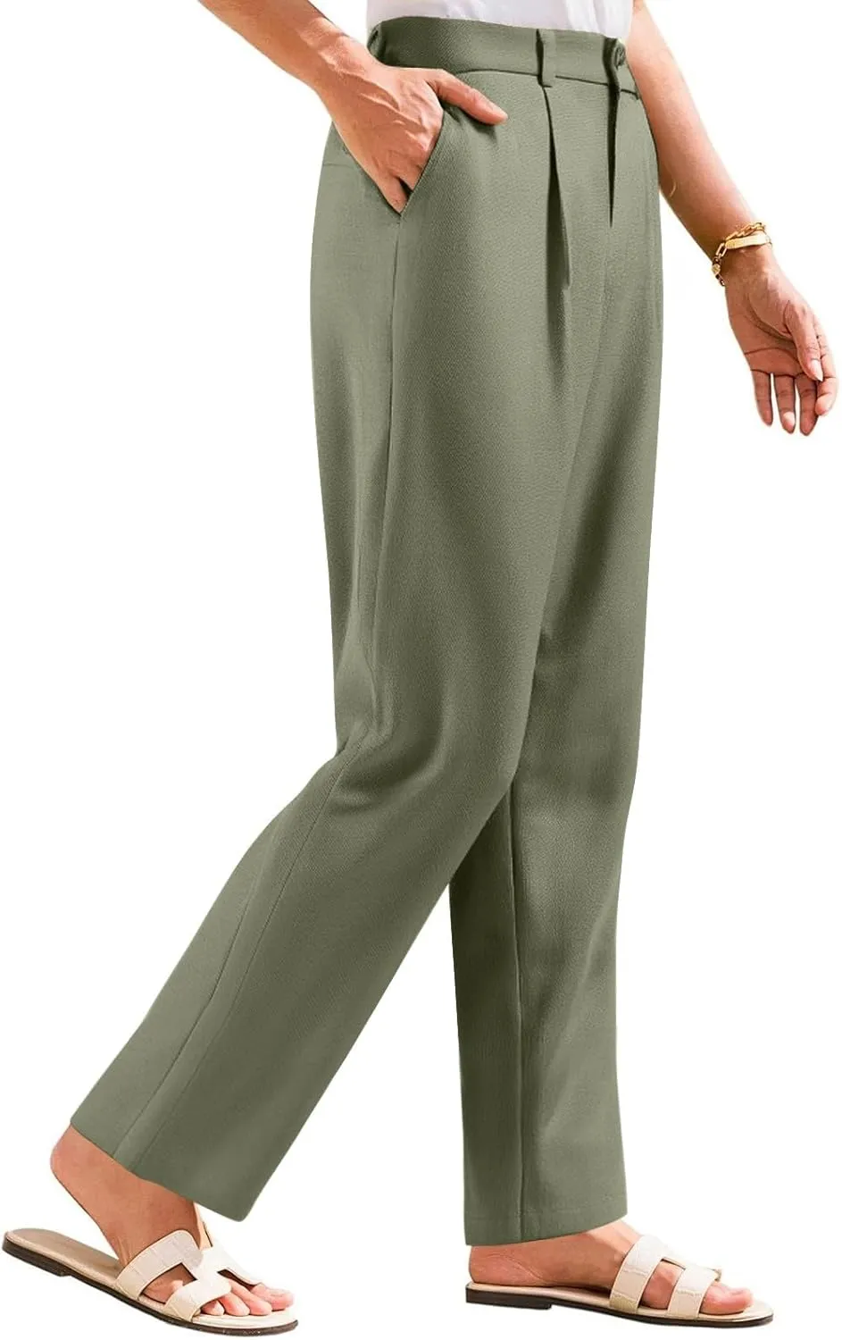 Wide Leg Linen Pants for Women Business Casual Elastic Waisted Dress Pants Dressy Office Work Trousers with Pockets