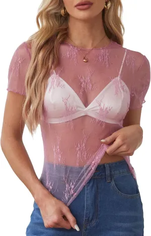 WIHOLL Womens Short Sleeve Mesh Tops Sexy Crew Neck Summer Loose FIt Party Clubwear Shirts