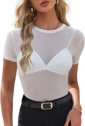 WIHOLL Womens Short Sleeve Mesh Tops Sexy Crew Neck Summer Loose FIt Party Clubwear Shirts