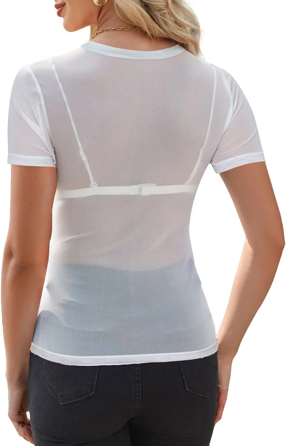 WIHOLL Womens Short Sleeve Mesh Tops Sexy Crew Neck Summer Loose FIt Party Clubwear Shirts
