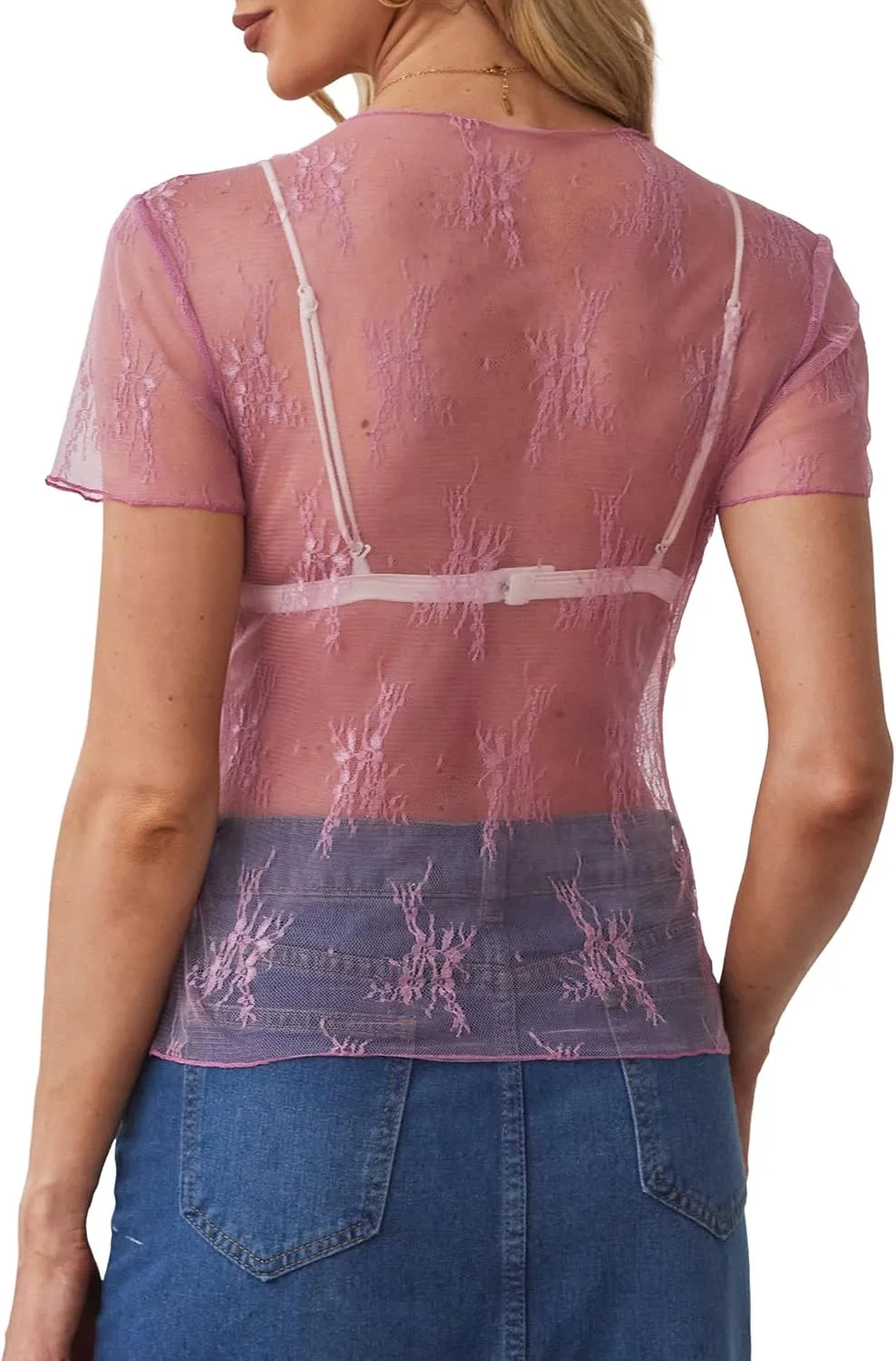 WIHOLL Womens Short Sleeve Mesh Tops Sexy Crew Neck Summer Loose FIt Party Clubwear Shirts