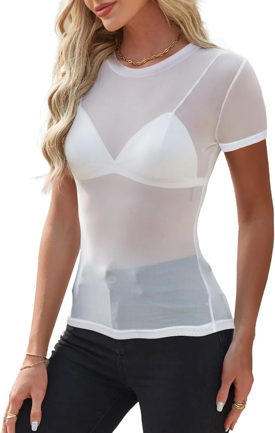 WIHOLL Womens Short Sleeve Mesh Tops Sexy Crew Neck Summer Loose FIt Party Clubwear Shirts