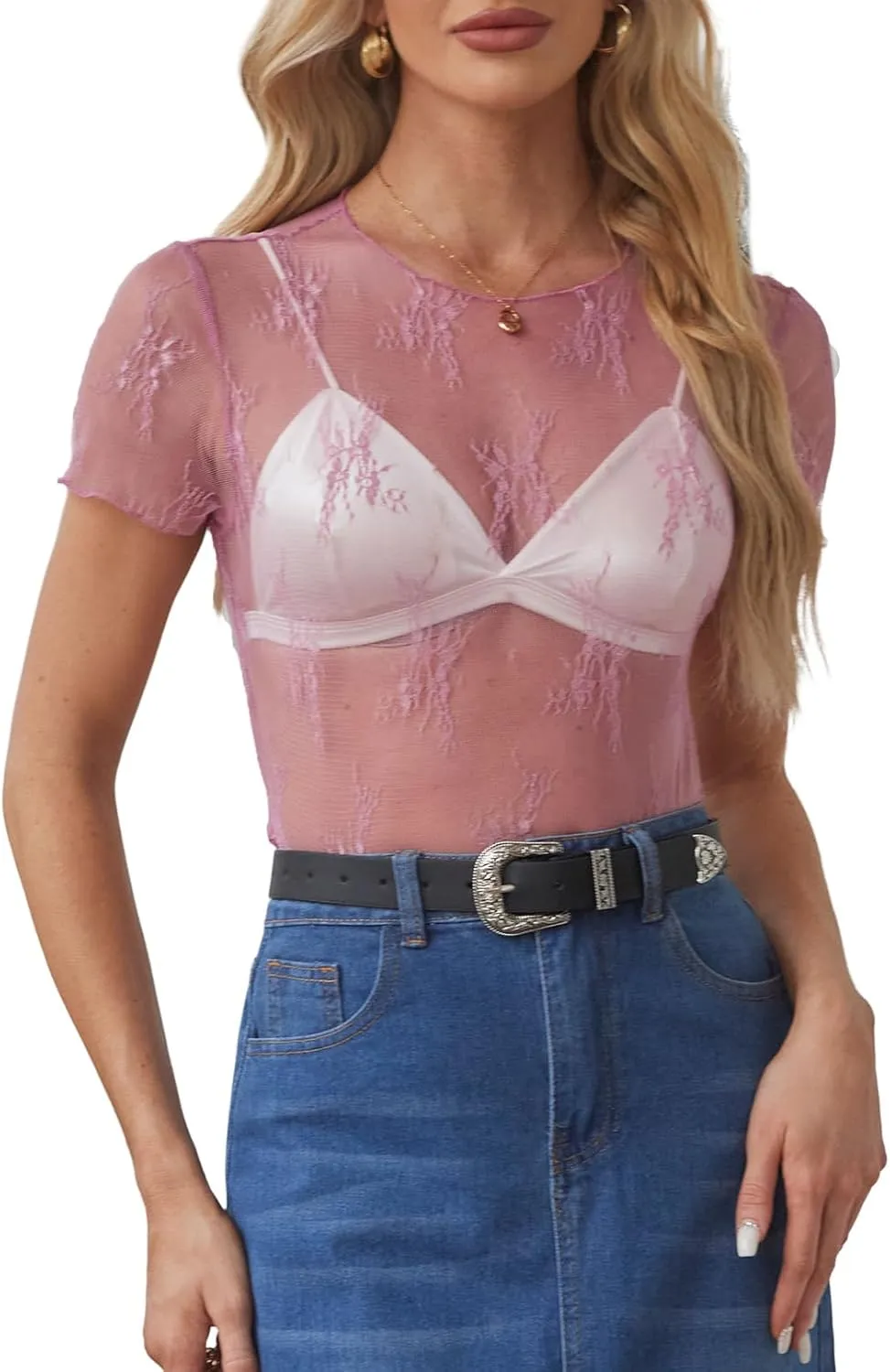 WIHOLL Womens Short Sleeve Mesh Tops Sexy Crew Neck Summer Loose FIt Party Clubwear Shirts