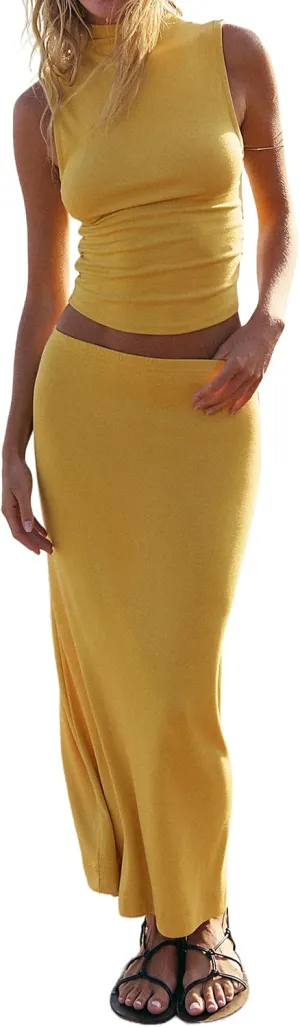 Women 2 Piece Skirt Set Outfits Sleeveless Ruched Crop Tank Top Bodycon Maxi Long Skirt Matching Sets