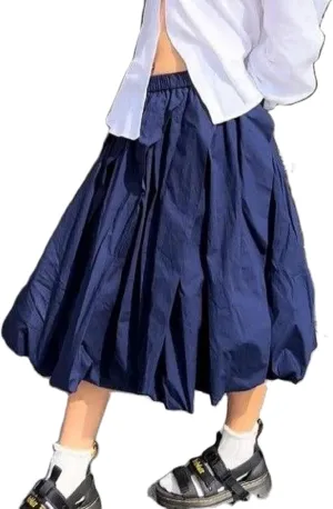 Women Bubble Summer Long Skirt A-Line Casual Solid Elastic Waist Pleated Beach Vacation Club Midi Skirt Streetwear