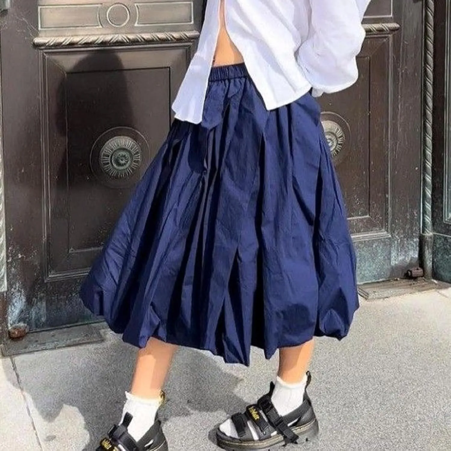 Women Bubble Summer Long Skirt A-Line Casual Solid Elastic Waist Pleated Beach Vacation Club Midi Skirt Streetwear