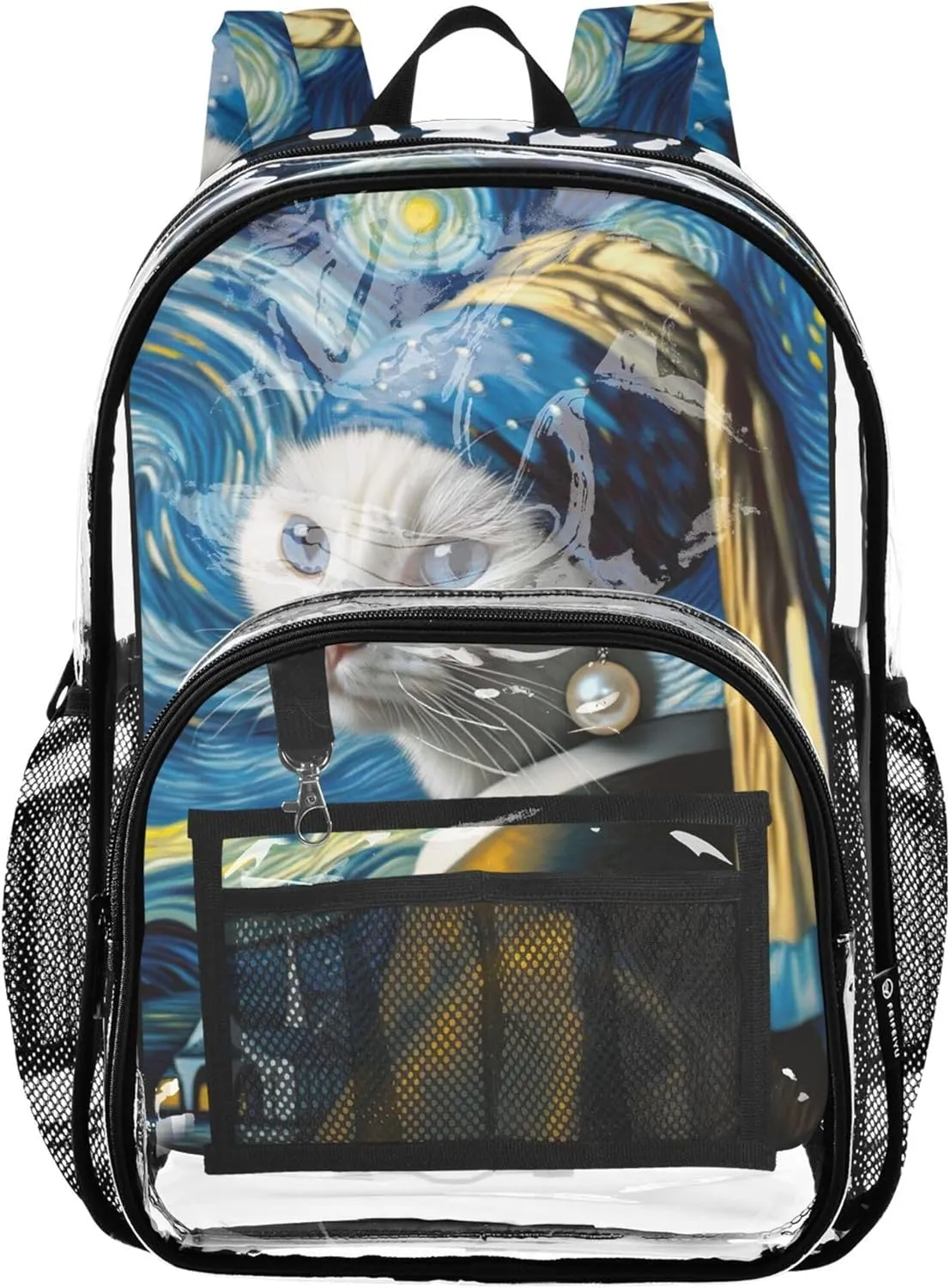 Women Clear Backpack Cute Funny Cat Starry Night Painting Girls Backpack for Kids School Clear Plastic Bag Pvc