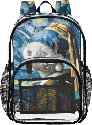 Women Clear Backpack Cute Funny Cat Starry Night Painting Girls Backpack for Kids School Clear Plastic Bag Pvc
