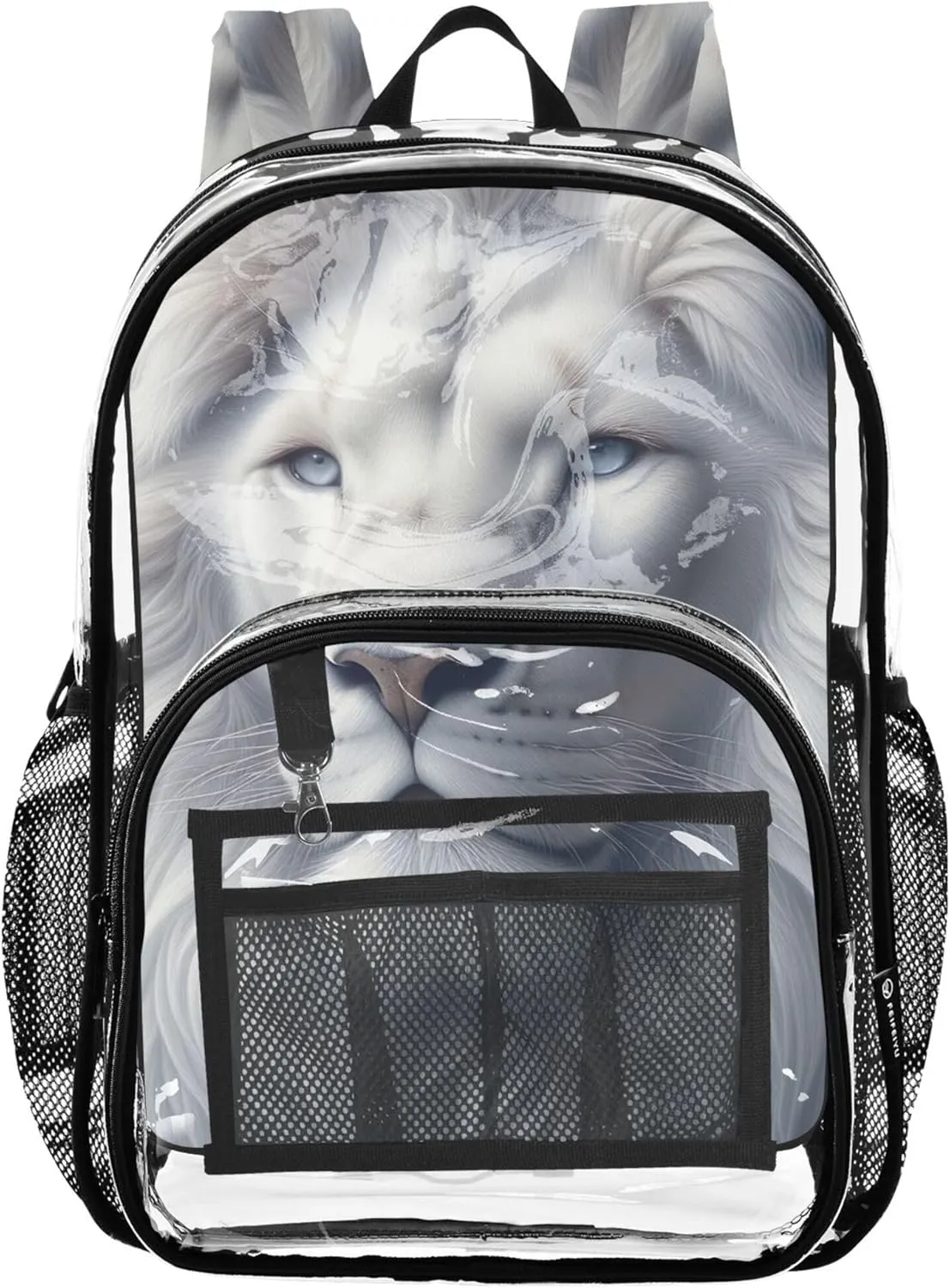 Women Clear Backpack Cute Kids Girls Backpack Boys Plastic See through Bookbag Majestic Lion Mane White Grey