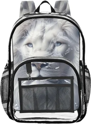 Women Clear Backpack Cute Kids Girls Backpack Boys Plastic See through Bookbag Majestic Lion Mane White Grey