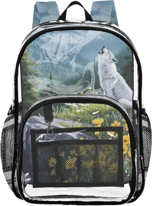 Women Clear Backpack Cute Wolf Howling Spring Landscape Girls Backpack Kids Boys Approved Plastic Bag Large