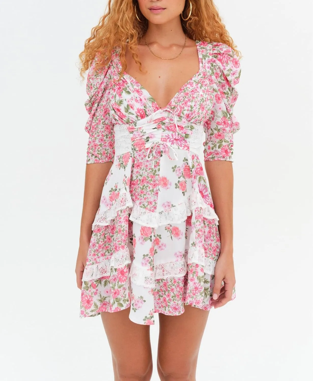 Women Floral Patchwork Mini Dress Y2k Tiered Ruffle Short Dresses Puff Sleeve Corset Layered Beach Sundress