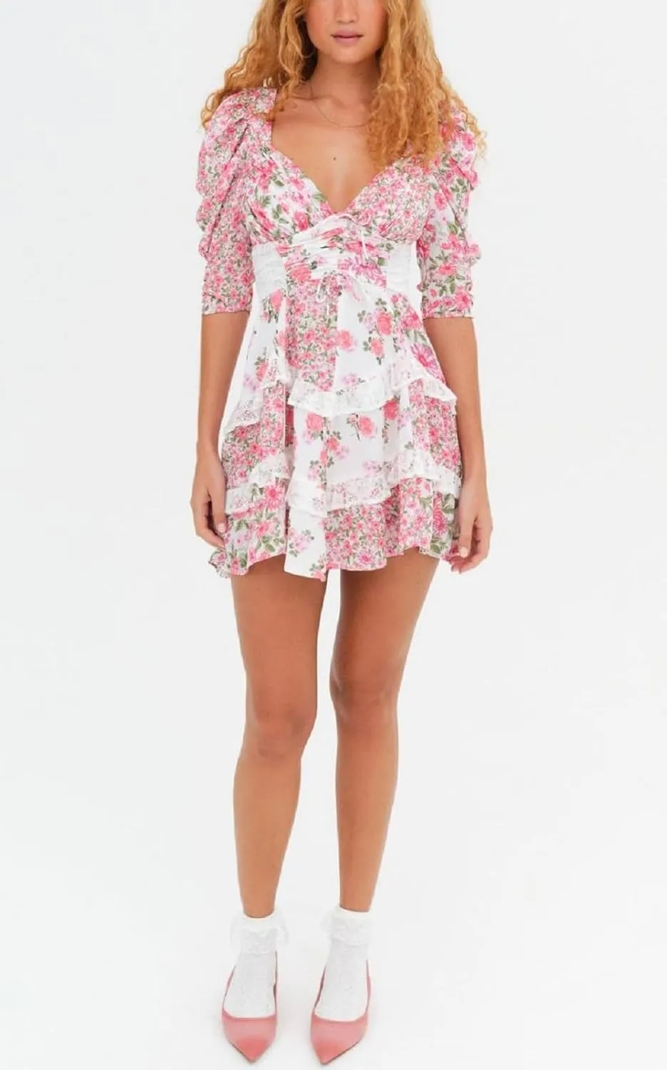 Women Floral Patchwork Mini Dress Y2k Tiered Ruffle Short Dresses Puff Sleeve Corset Layered Beach Sundress