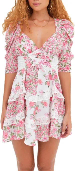 Women Floral Patchwork Mini Dress Y2k Tiered Ruffle Short Dresses Puff Sleeve Corset Layered Beach Sundress