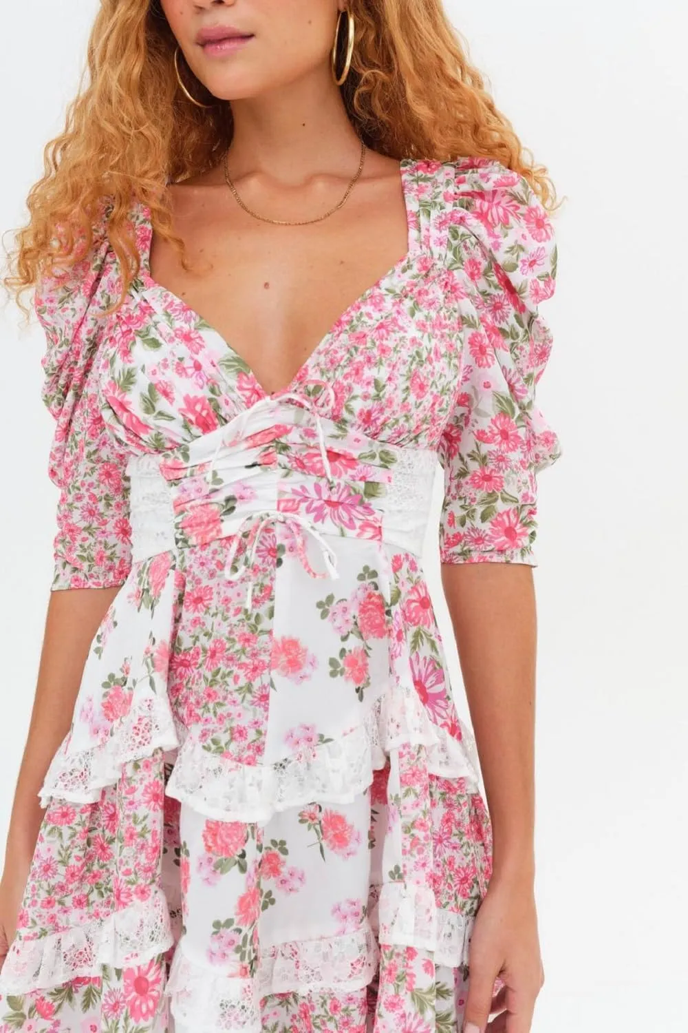 Women Floral Patchwork Mini Dress Y2k Tiered Ruffle Short Dresses Puff Sleeve Corset Layered Beach Sundress