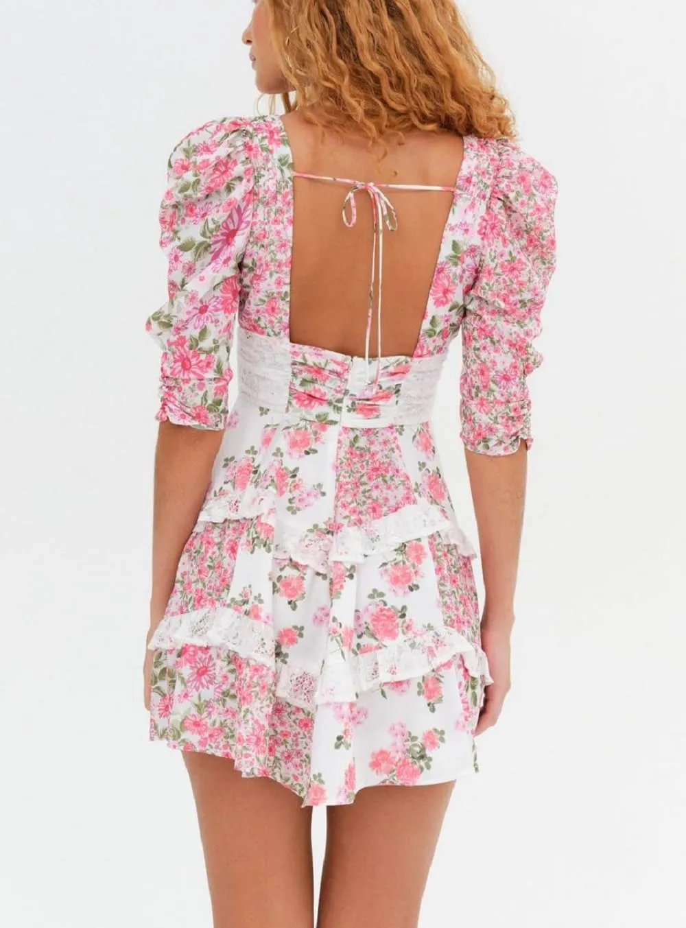 Women Floral Patchwork Mini Dress Y2k Tiered Ruffle Short Dresses Puff Sleeve Corset Layered Beach Sundress