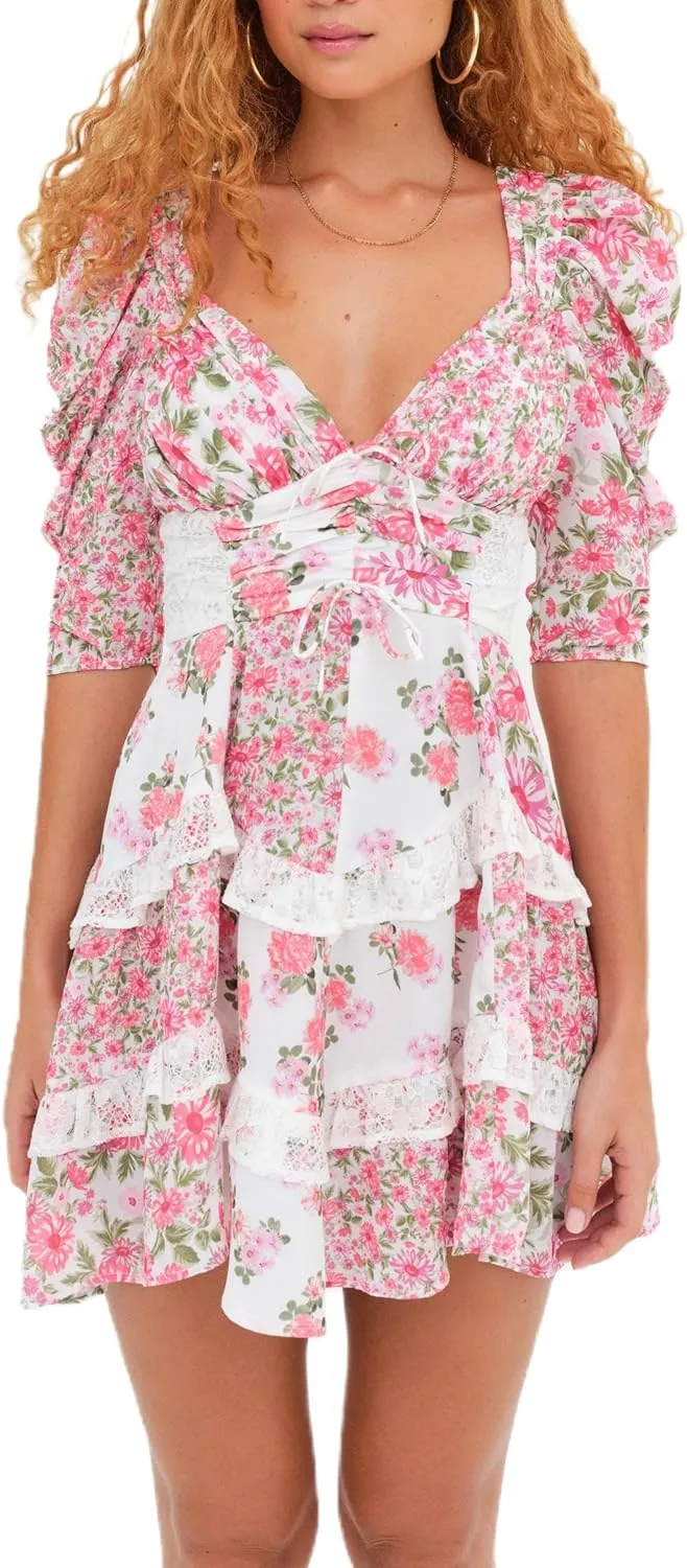 Women Floral Patchwork Mini Dress Y2k Tiered Ruffle Short Dresses Puff Sleeve Corset Layered Beach Sundress