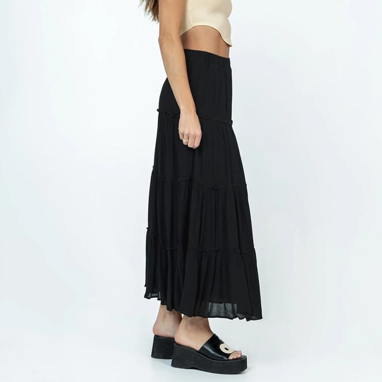 Women Flowy Maxi Skirt Elastic Waist Tiered Long Skirts Loose A-Line Ruffle Swing Skirt Solid Boho Pleated Skirt