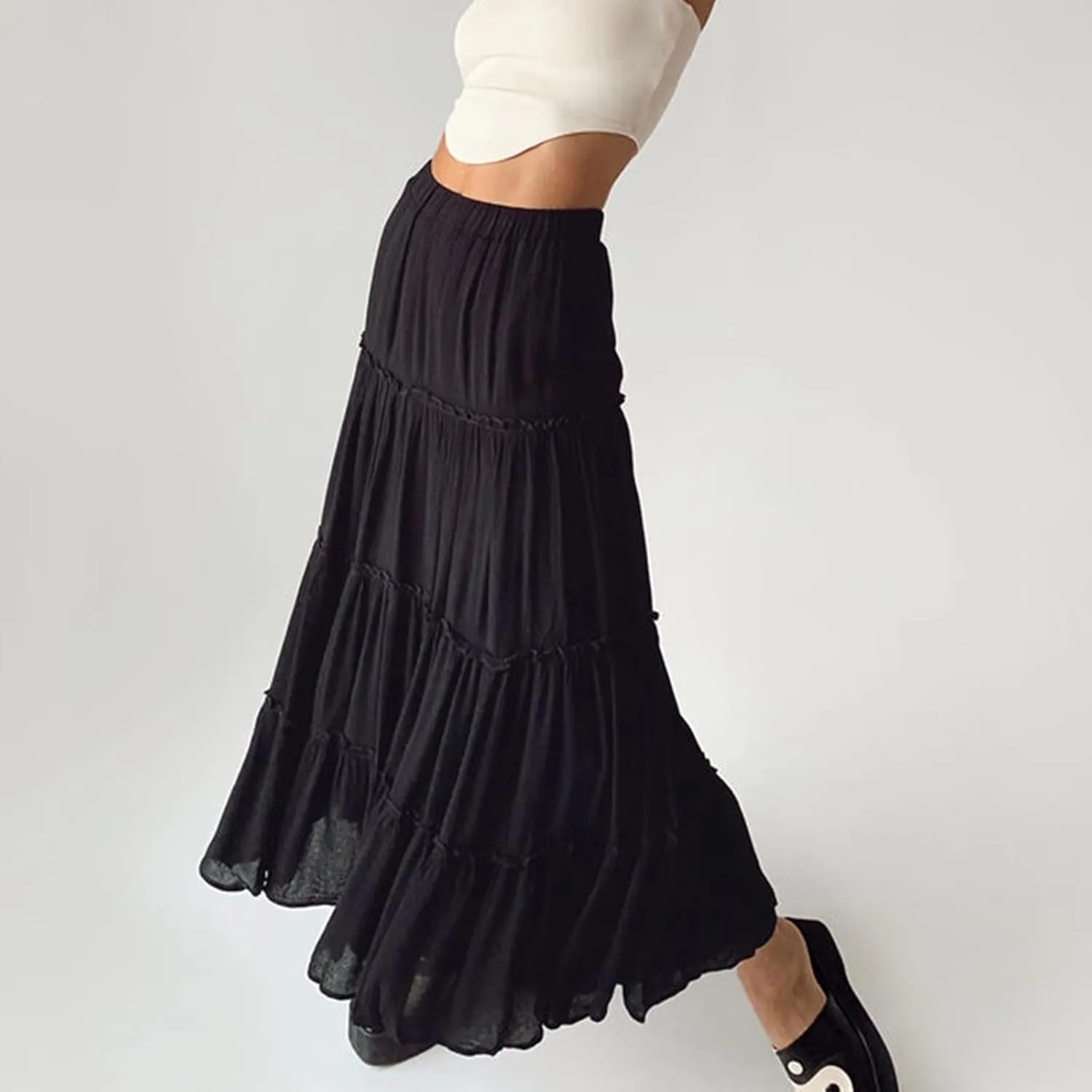 Women Flowy Maxi Skirt Elastic Waist Tiered Long Skirts Loose A-Line Ruffle Swing Skirt Solid Boho Pleated Skirt