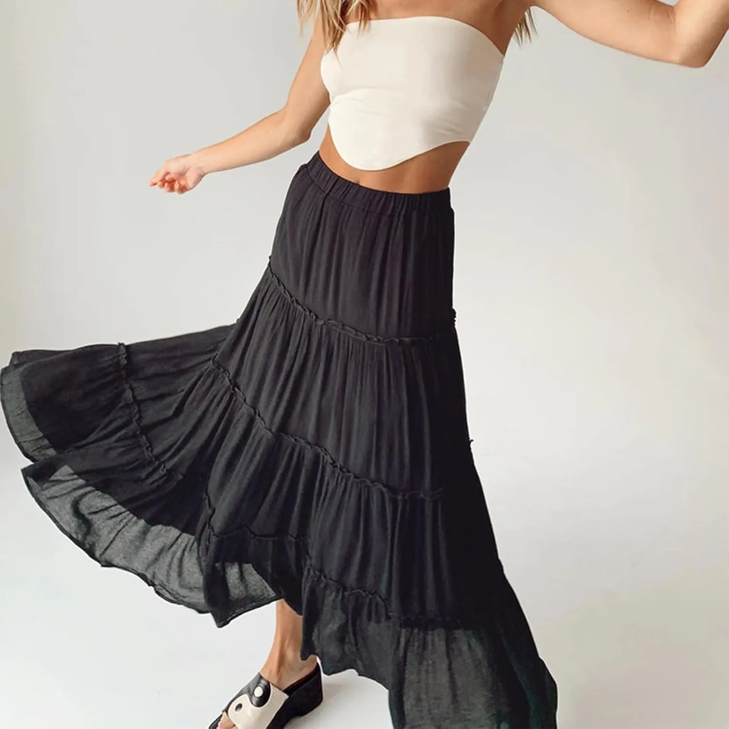 Women Flowy Maxi Skirt Elastic Waist Tiered Long Skirts Loose A-Line Ruffle Swing Skirt Solid Boho Pleated Skirt