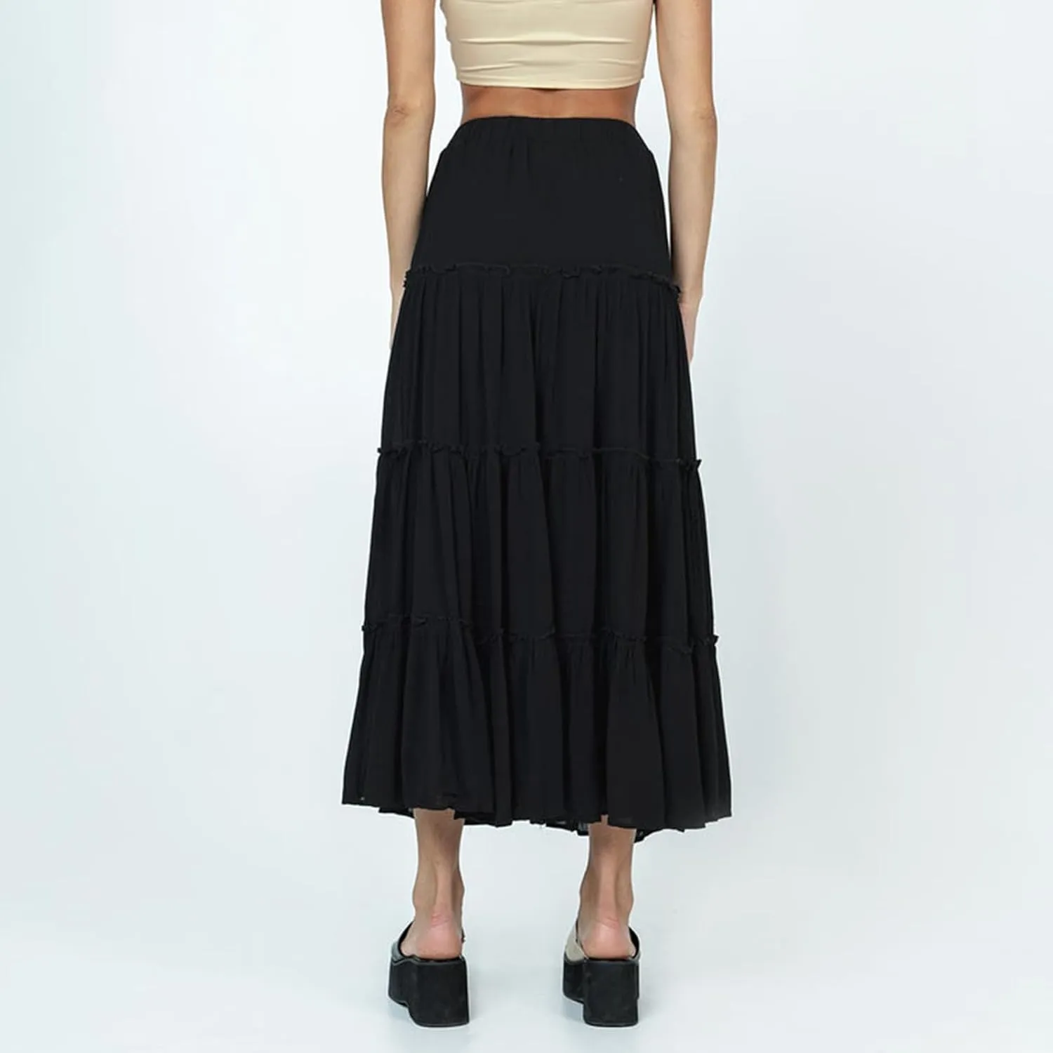 Women Flowy Maxi Skirt Elastic Waist Tiered Long Skirts Loose A-Line Ruffle Swing Skirt Solid Boho Pleated Skirt