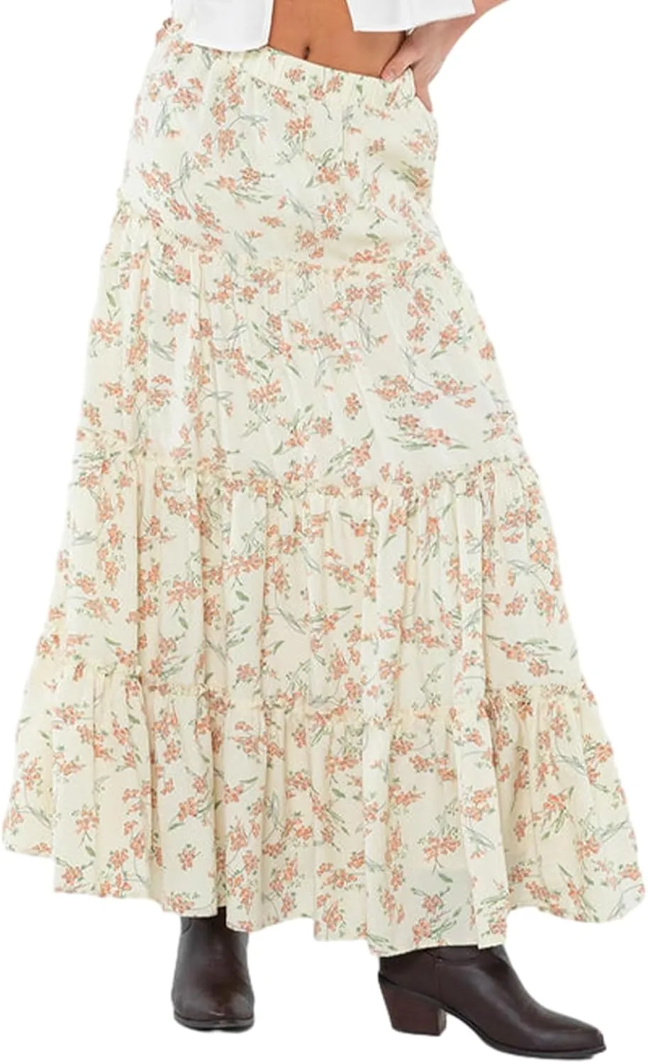 Women Flowy Maxi Skirt Elastic Waist Tiered Long Skirts Loose A-Line Ruffle Swing Skirt Solid Boho Pleated Skirt