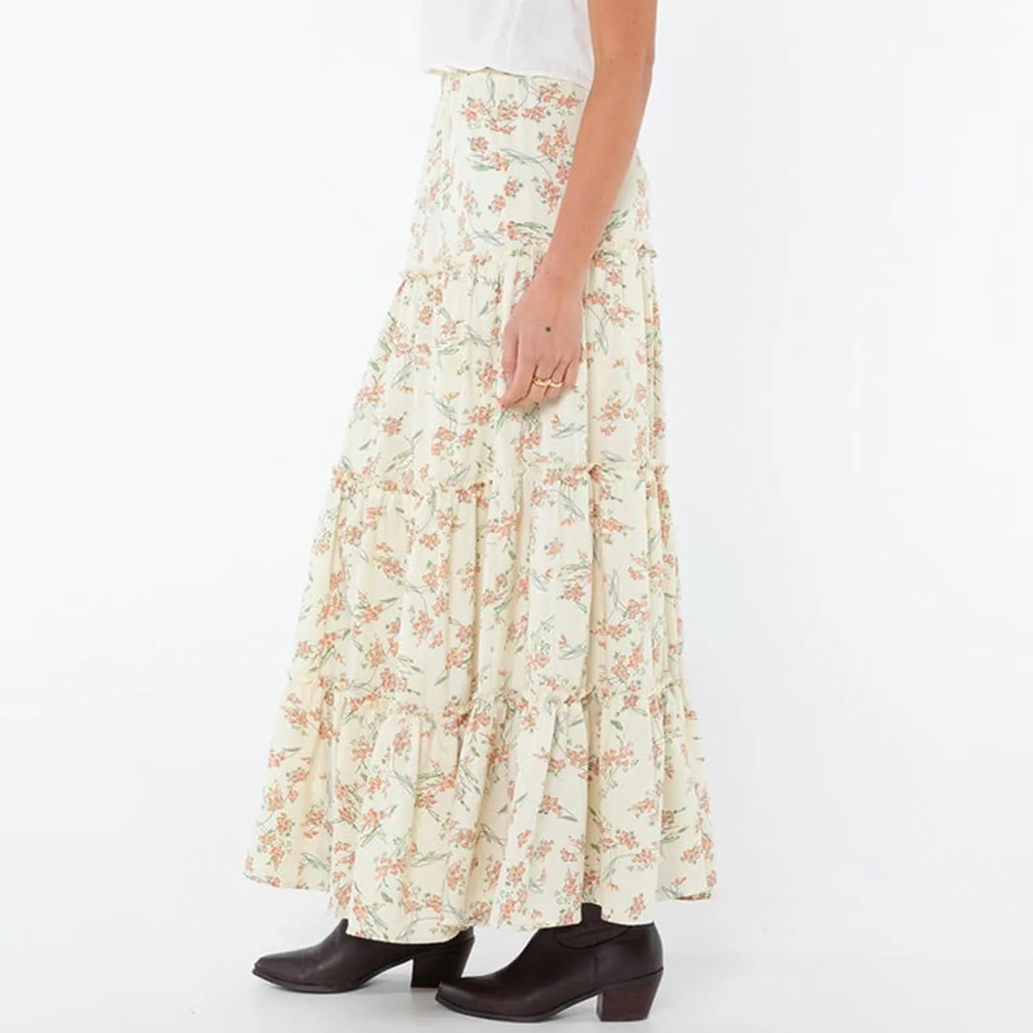 Women Flowy Maxi Skirt Elastic Waist Tiered Long Skirts Loose A-Line Ruffle Swing Skirt Solid Boho Pleated Skirt