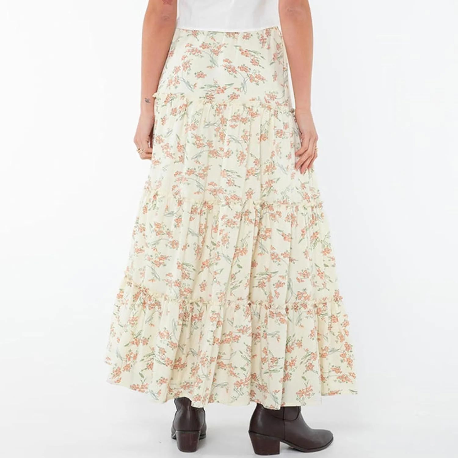 Women Flowy Maxi Skirt Elastic Waist Tiered Long Skirts Loose A-Line Ruffle Swing Skirt Solid Boho Pleated Skirt