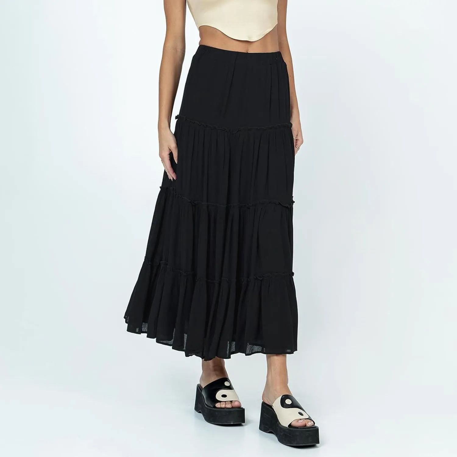 Women Flowy Maxi Skirt Elastic Waist Tiered Long Skirts Loose A-Line Ruffle Swing Skirt Solid Boho Pleated Skirt