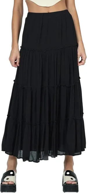 Women Flowy Maxi Skirt Elastic Waist Tiered Long Skirts Loose A-Line Ruffle Swing Skirt Solid Boho Pleated Skirt