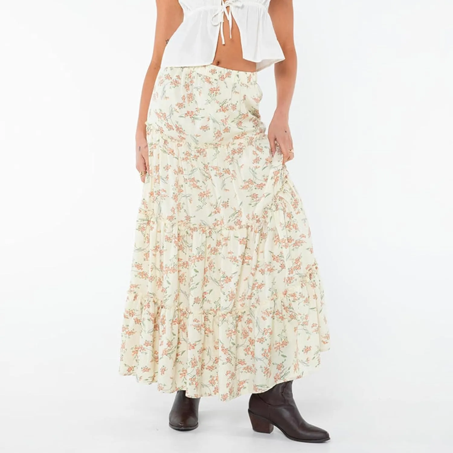 Women Flowy Maxi Skirt Elastic Waist Tiered Long Skirts Loose A-Line Ruffle Swing Skirt Solid Boho Pleated Skirt
