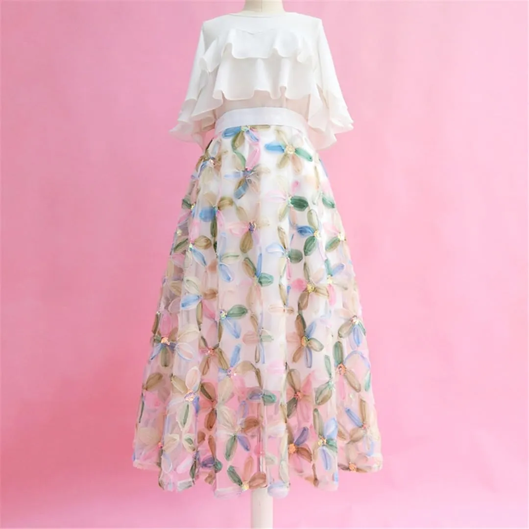 Women High Waisted Pleated Midi Tulle Skirt Spring Summer Korean Vintage Fairy Female Clothing