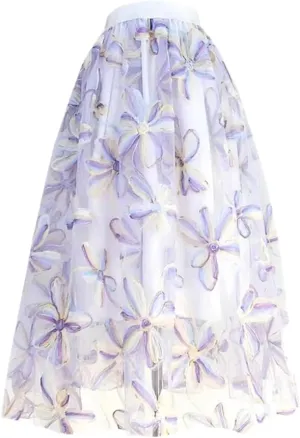 Women High Waisted Pleated Midi Tulle Skirt Spring Summer Korean Vintage Fairy Female Clothing