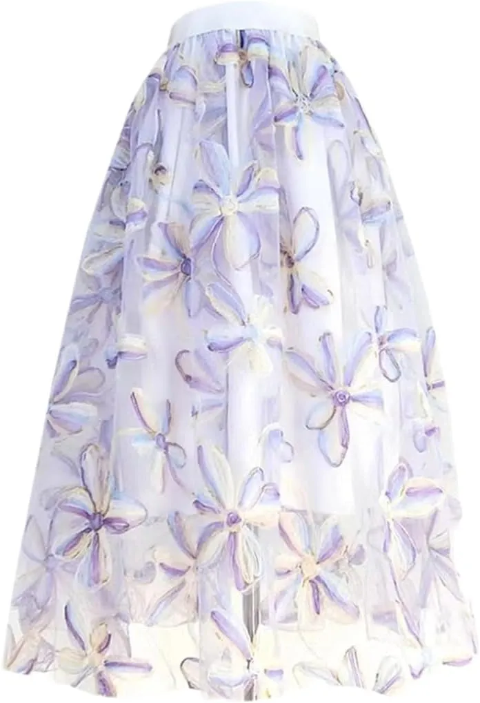 Women High Waisted Pleated Midi Tulle Skirt Spring Summer Korean Vintage Fairy Female Clothing