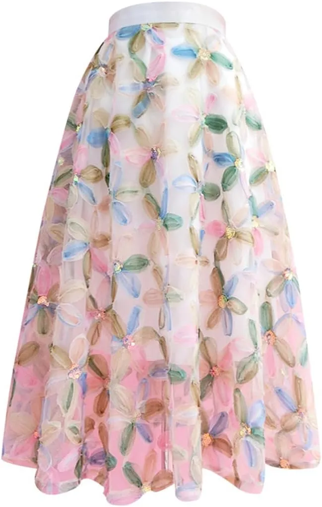 Women High Waisted Pleated Midi Tulle Skirt Spring Summer Korean Vintage Fairy Female Clothing